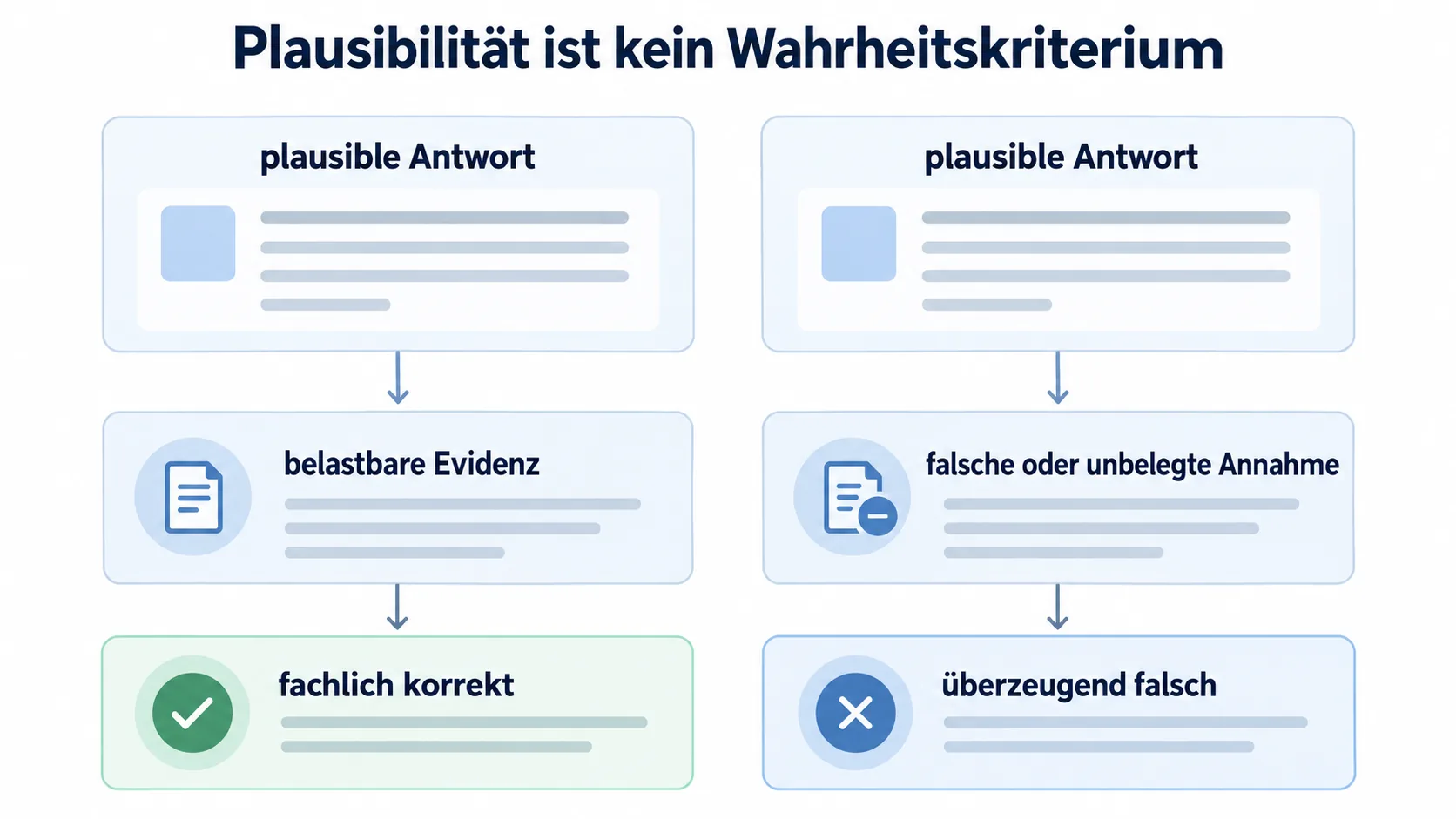 Plausibilität ist kein Wahrheitskriterium: Eine überzeugend formulierte Antwort kann fachlich korrekt sein, aber ebenso auf einer falschen oder unbelegten Annahme beruhen.