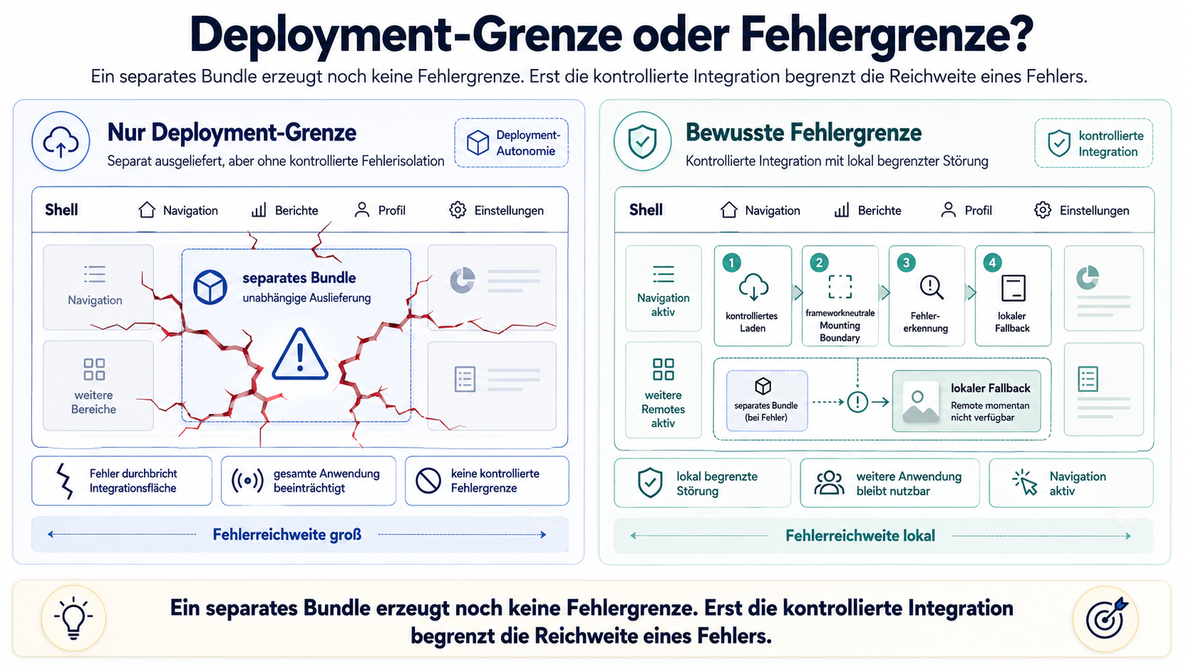 Eine Gegenüberstellung zeigt ein separat ausgeliefertes Remote ohne kontrollierte Fehlergrenze und eine bewusste Integrationsgrenze mit Fehlererkennung, lokalem Fallback und weiterhin nutzbarer Anwendung.